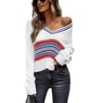thumbnail image 1 of Color Bolck suéter de punto con cuello en V manga larga Casual cómodo simple suéter blanco L, 1 of 6