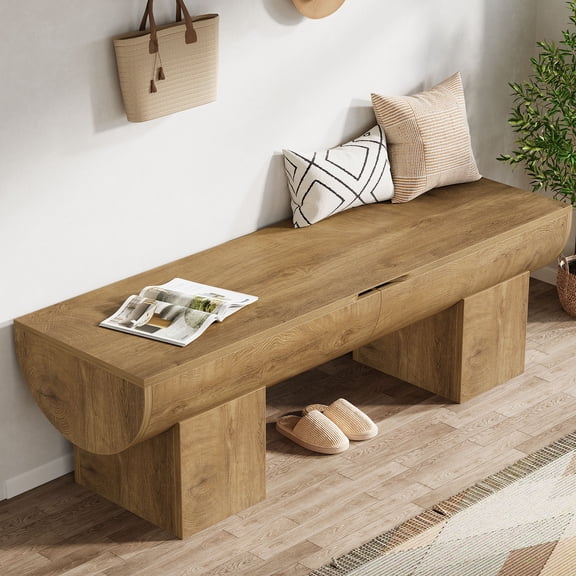 Finmind Storage Bench with 2 Safety Hinges, 55 Inch Farmhouse Shoe Bench with Flip-Top Storage Natural