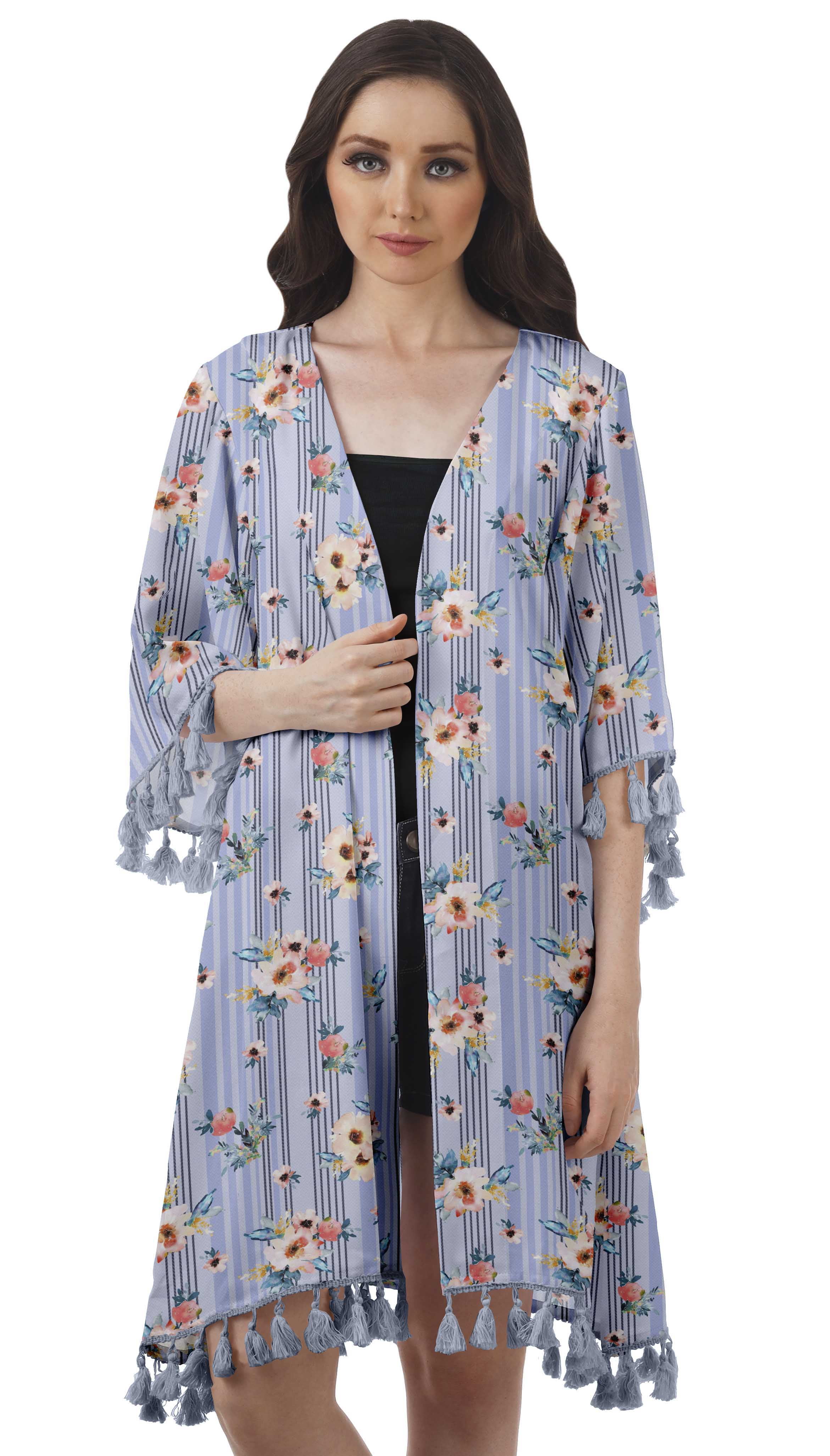Moomaya Front Open Printed Shrug 3/4 Sleeve Georgette Beach Cover Up For Women
