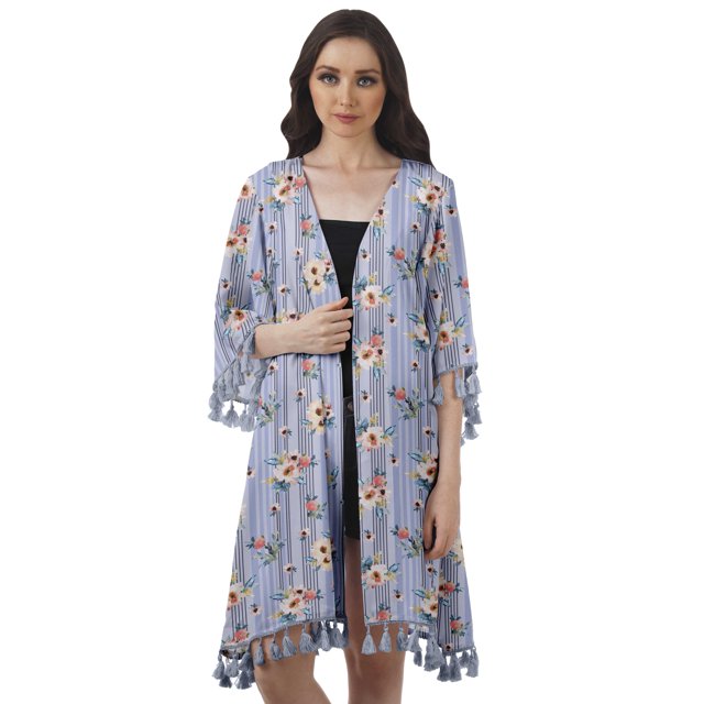Moomaya Front Open Printed Shrug 3/4 Sleeve Georgette Beach Cover Up For Women
