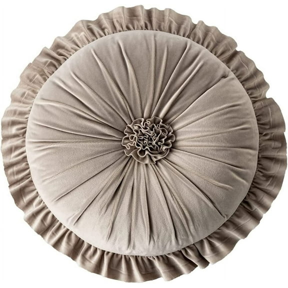 Xiao Hua Round Throw Pillow with Ruffles, Pumkin Pleated Velvet Chair Cushion 3D Floral Decorative Floor Pillow for Sofa Bedroom Office Car (Grey,Diameter 14")
