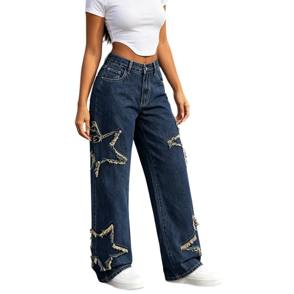 PYGNJK Women's Wide Leg Denim Pants High Waist Star Patch Baggy Loose Fit Jeans Casual Streetwear with Pockets