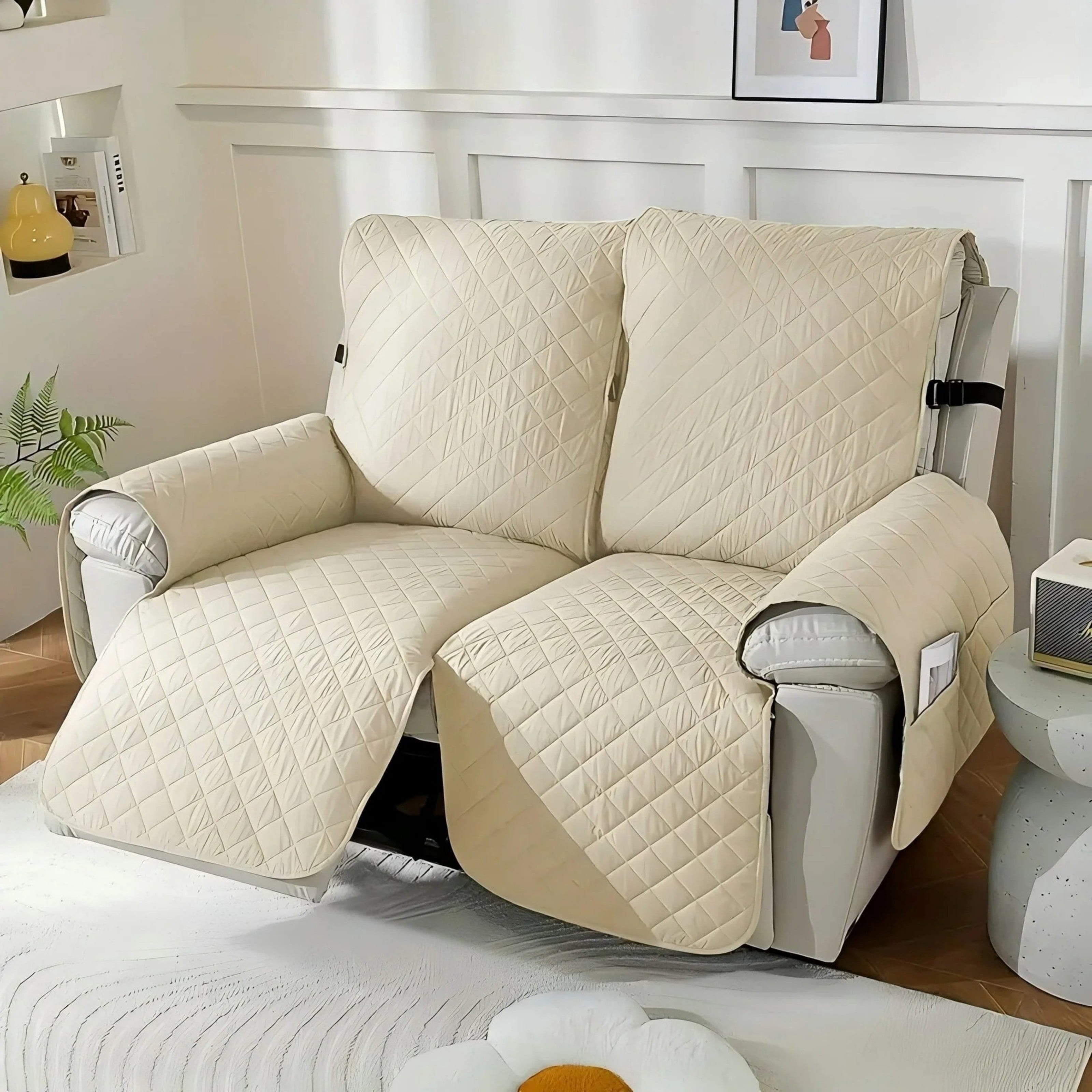 Lavish Cover 100% Waterproof Recliner Loveseat Cover, 2 Pieces Non-Slip Recliner Couch Slipcovers, Washable Furniture Protector with Pockets & Elastic Straps for Kids Pets, 2 Seaters, Beige