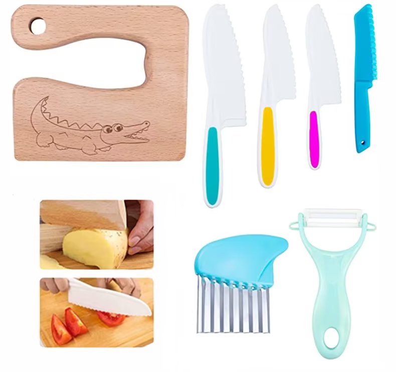 7 Pieces Wooden Kids Kitchen Knife Include Wood Kids Safe Knives