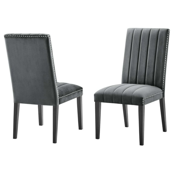Side Dining Chair, Nailhead, Set of 2, Grey Gray, Velvet, Modern Contemporary, Kitchen Room Cafe Bistro Restaurant Hospitality