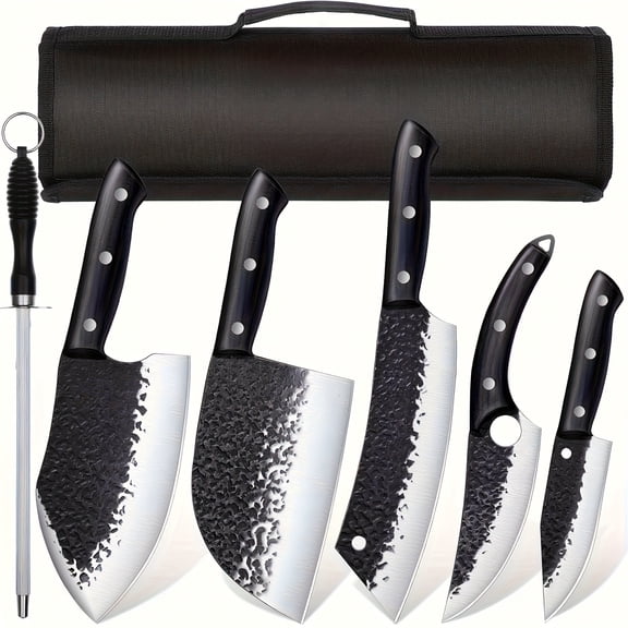6pcs Kitchen Knife Set Japanese Hand Forged Cleaver & Serbian Knife & Butcher Knife & Viking Knife & Meat Knife with Sharpener for Outdoor BBQ Camping