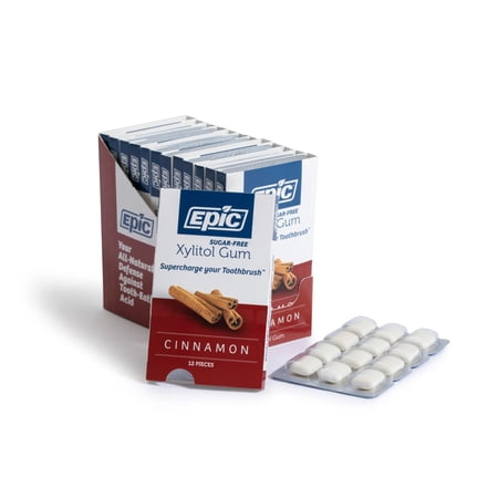 Epic Xylitol Chewing Gum - Sugar Free & Aspartame Free Chewing Gum Sweetened w/Xylitol for Dry Mouth & Gum Health (Cinnamon, 12-Piece Pack, 12 Packs)