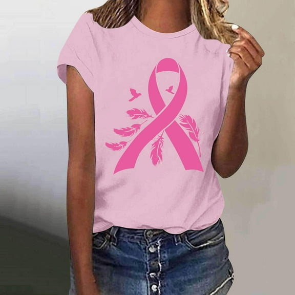 VKOYWKM Women's Cancer Shirts Breast Cancer Awareness T-Shirt Pink Ribbon Print Inspirational Tops Short Sleeve Crew Neck Breast Cancer Tshirts