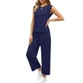 thumbnail image 5 of Womens 2 Piece Crew Neck Matching Summer Tracksuit Set Sleeveless Tank Top Wide Leg Crop Pant Sets Navy S, 5 of 8