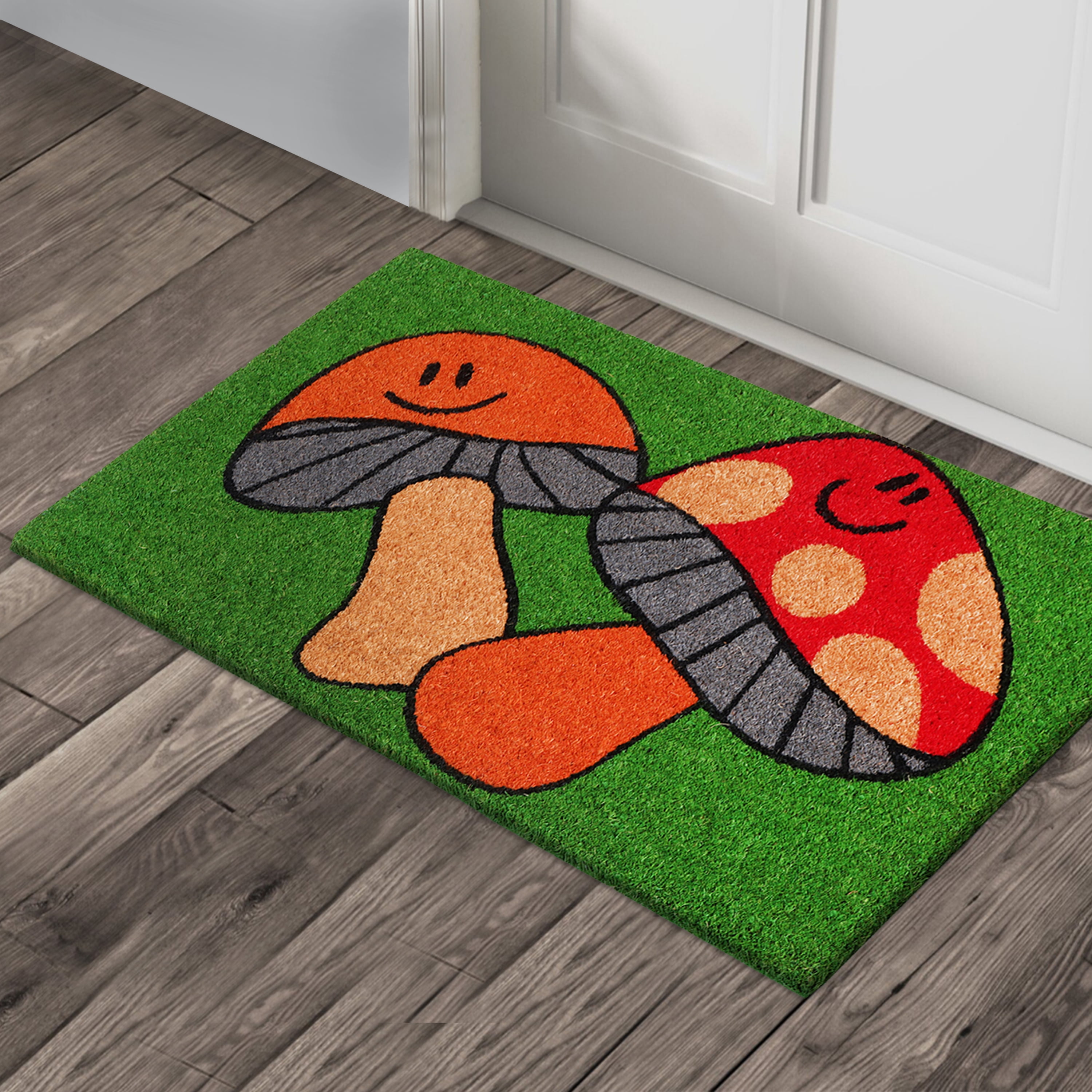 A1HC Dancing Mushroom Natural Coco Coir Doormat with Heavy-Duty Non-Slip PVC Backing, 18"x30", Durable Low-Profile Welcome Mat