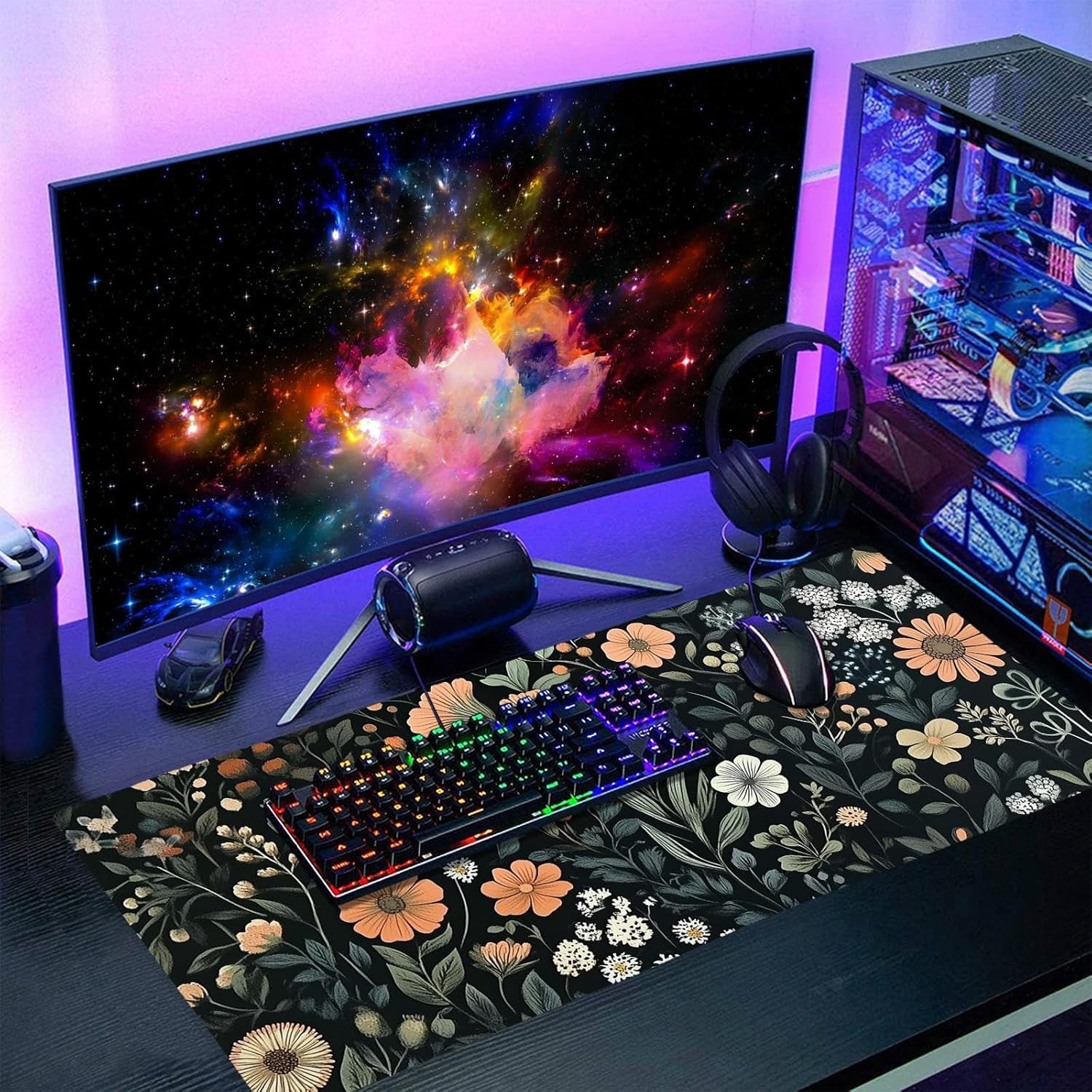 Aesthetic Dark Flower Gaming Mouse Pad XXL Floral Plant Botanical Flowers Extended Big Large Desk Mat Non-Slip Rubber Base Stitched Edge Long Keyboard Mousepad for PC Computer Laptop,35.4×15.7 in
