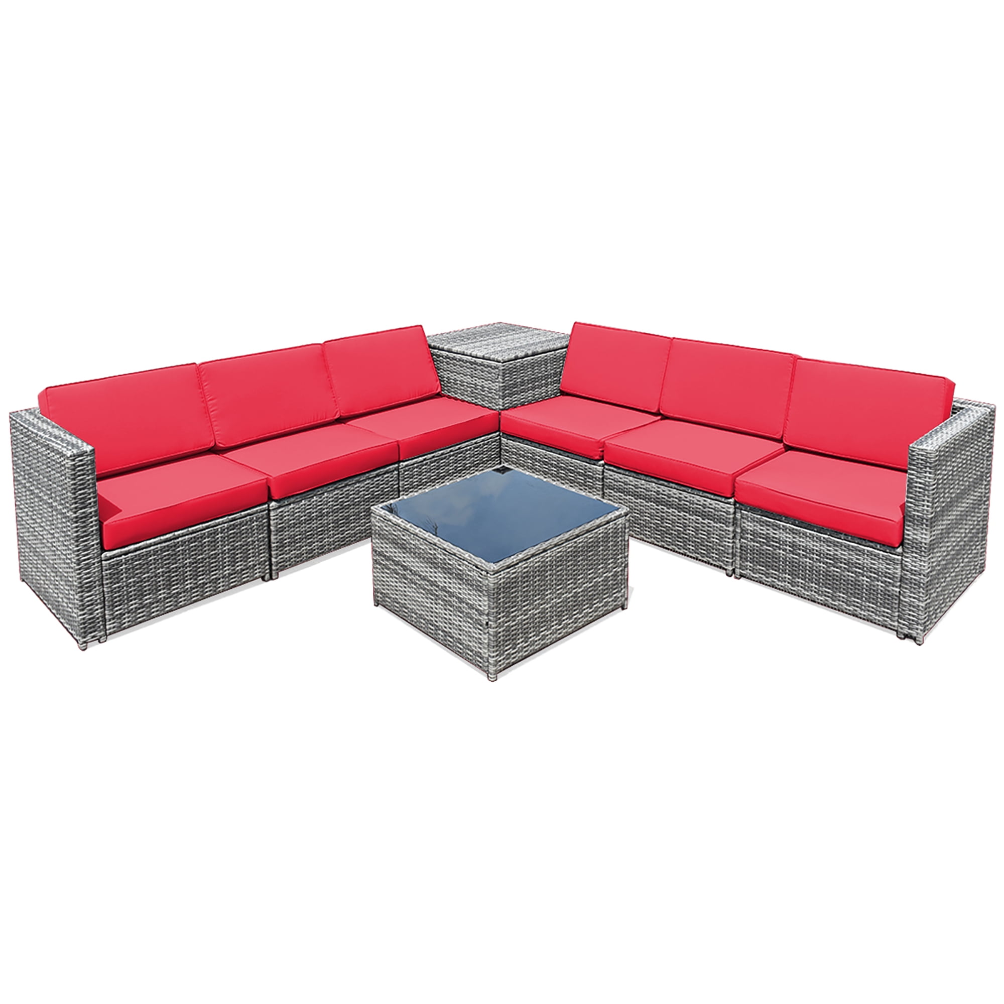 Costway 8 PCS Wicker Sofa Rattan Furniture Set Patio Furniture w/ Storage Table Red