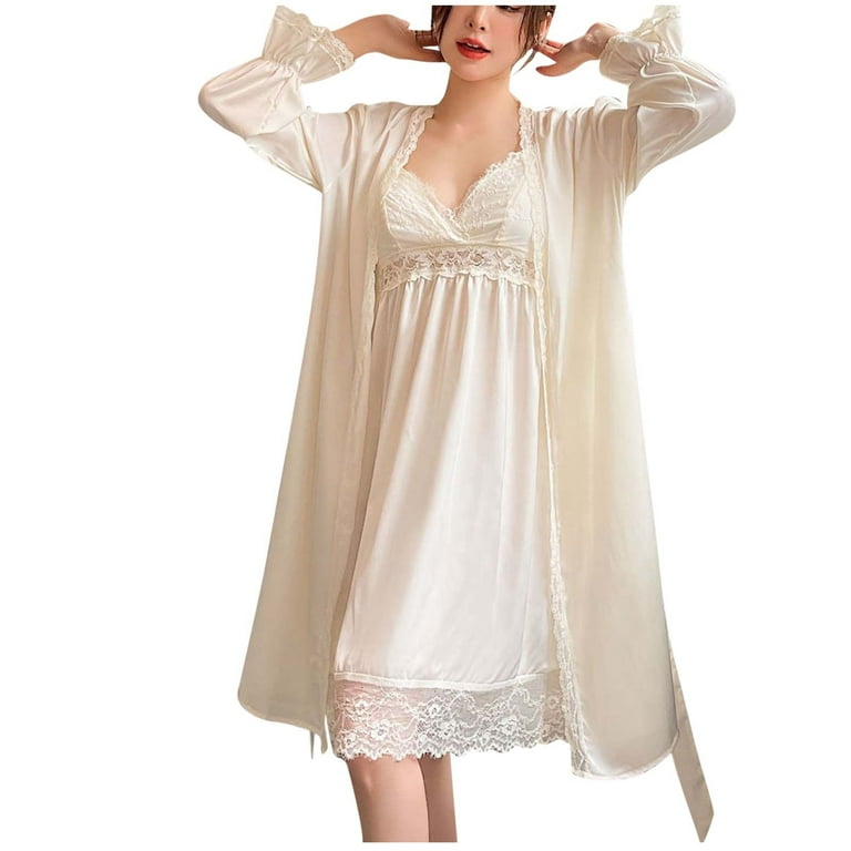 Women's 2 Piece Lace Pajamas Lingerie Satin Silk Nightgown V Neck Sling  Nightdress and Long Sleeve Robe Sleepwear