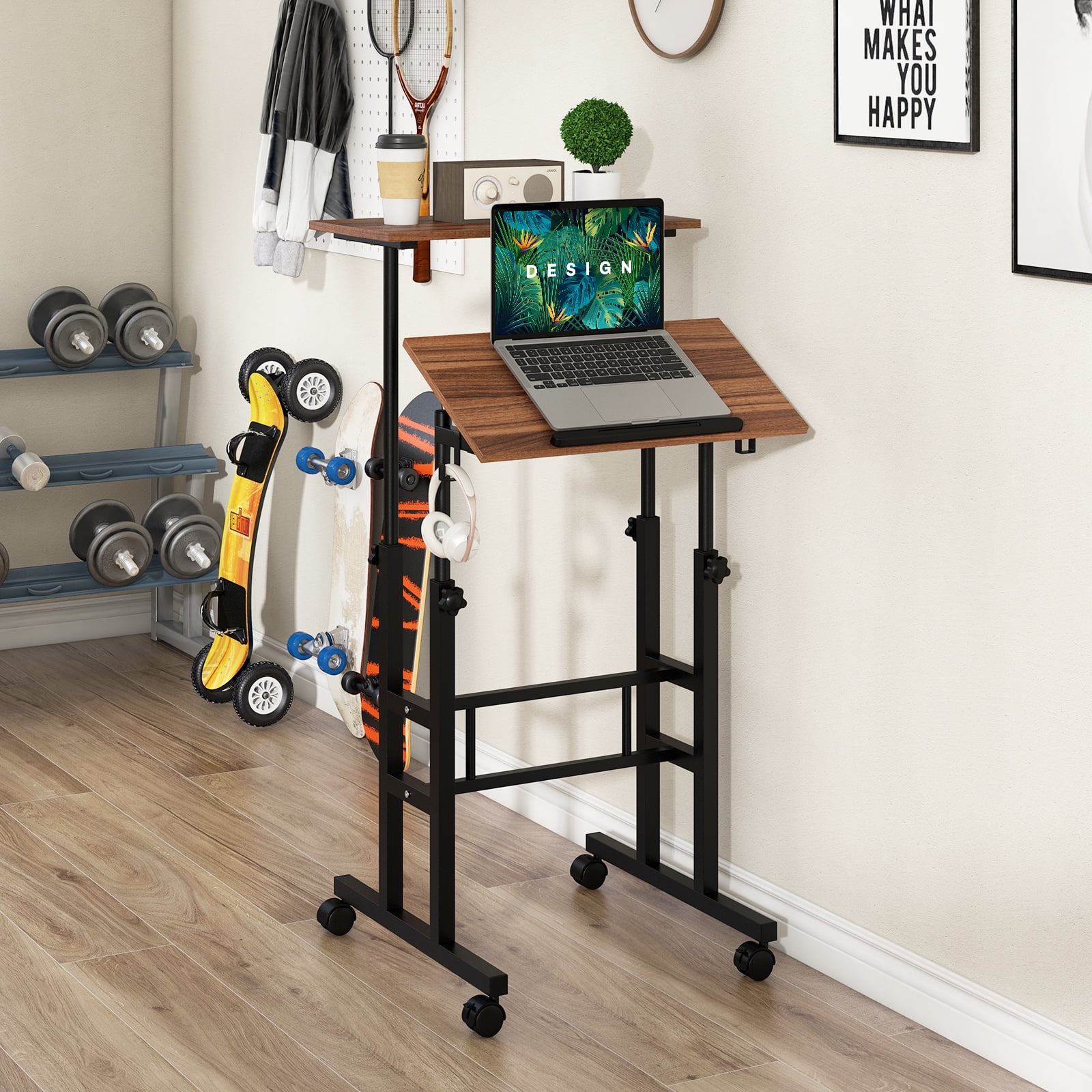 Giantex Mobile Standing Desk, Height Adjustable Sit to Stand Desk, Portable Laptop Desk, 2-Tier Computer Workstation for Home Office, Brown