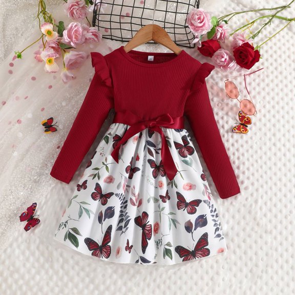 Usaibhir Toddler Girls Autumn Long Sleeve Dress Clothes Sundress Casual Tiered Pleated Butterfly Printed Dress Outfit 4-7T