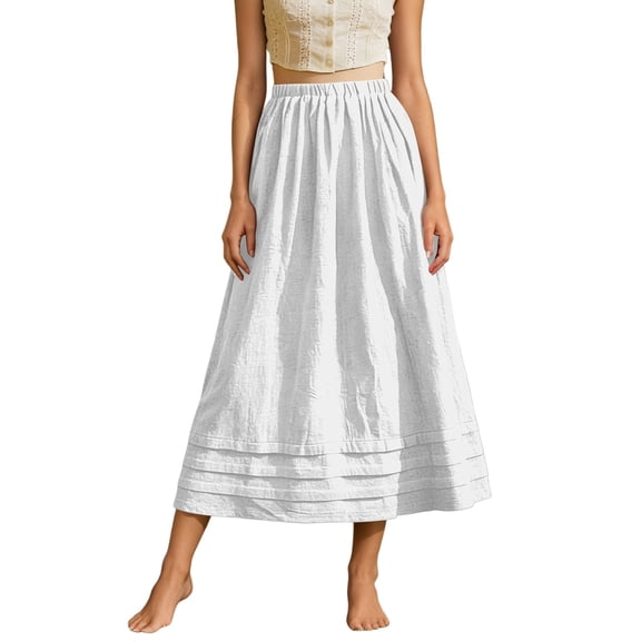 Lusa Long Skirts for Women 2026 Summer Boho Pleated Loose Fit Lightweight Flowy Skirt Pure Color Casual Elastic High Waisted Swing A-Line Maxi Skirts White XL