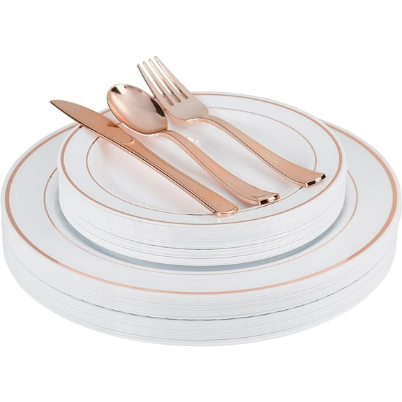 Exquisite 200 Ct. Rose Gold Line - Wedding Kit Disposable Plastic Plates and Cutlery Set - Service for 40