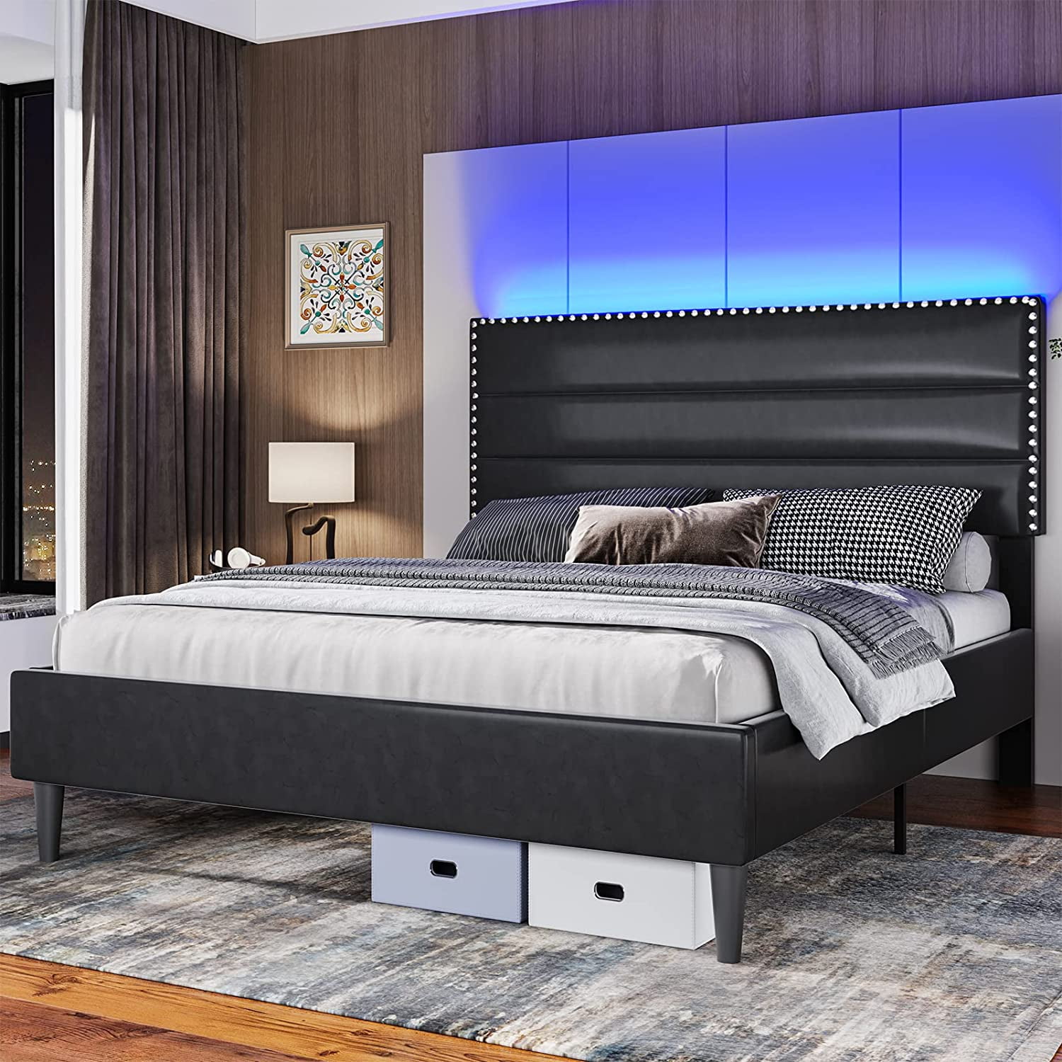 Buy Modern Full Size LED Bed FrameUpholstered Faux Leather Platform