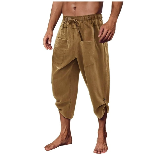 Cinvoph Capris Cargo pour Hommes en Coton et Lin, Pantalon à Taille Élastique avec Poches, Décontracté, Plein Air, Travail, Randonnée, Capris