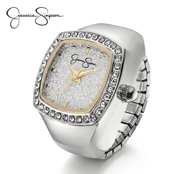 Jessica Simpson Women's Silver Adjustable Ring Watch – Crystal Bezel, Quartz Analog Mini Dial, Stretch Band Fashion Jewelry Accessory