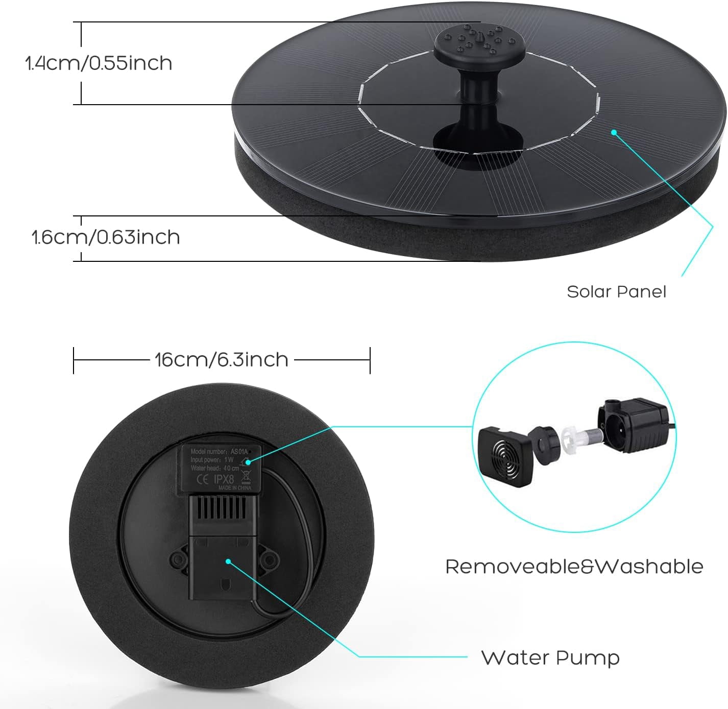 Mademax Solar Bird Bath Fountain Pump, 6 Nozzles, 1W, Free Standing, Outdoor