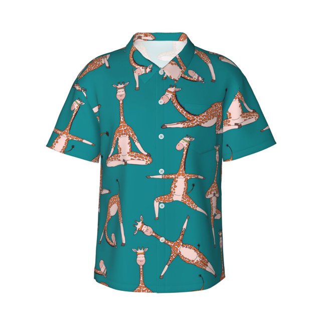 Fotbe Giraffes Doing Various Yoga Camisa Hawaiana para Hombre Unisex – Camisa Casual de Verano con Botones de Manga Corta de Algodón y Lino,Large