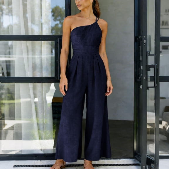 HongQid Jumpsuits For Women Dressy Sleeveless One Shoulder Wide Leg Rompers With Pockets Summer Outfits
