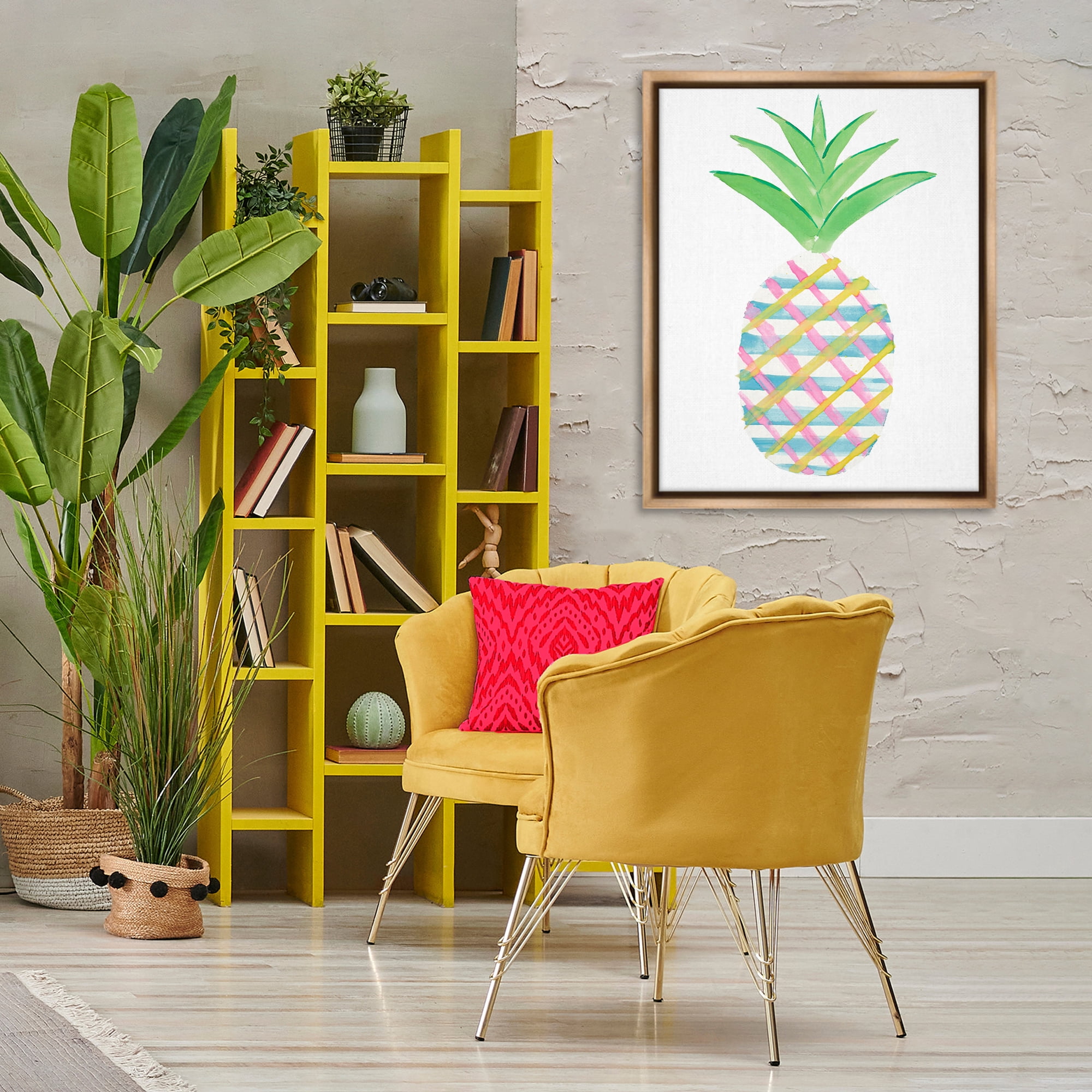 Stupell Industries Plaid Pineapple Fruit Food & Beverage Painting Brown Floater Framed Canvas Art Print Wall Art, 25 x 31