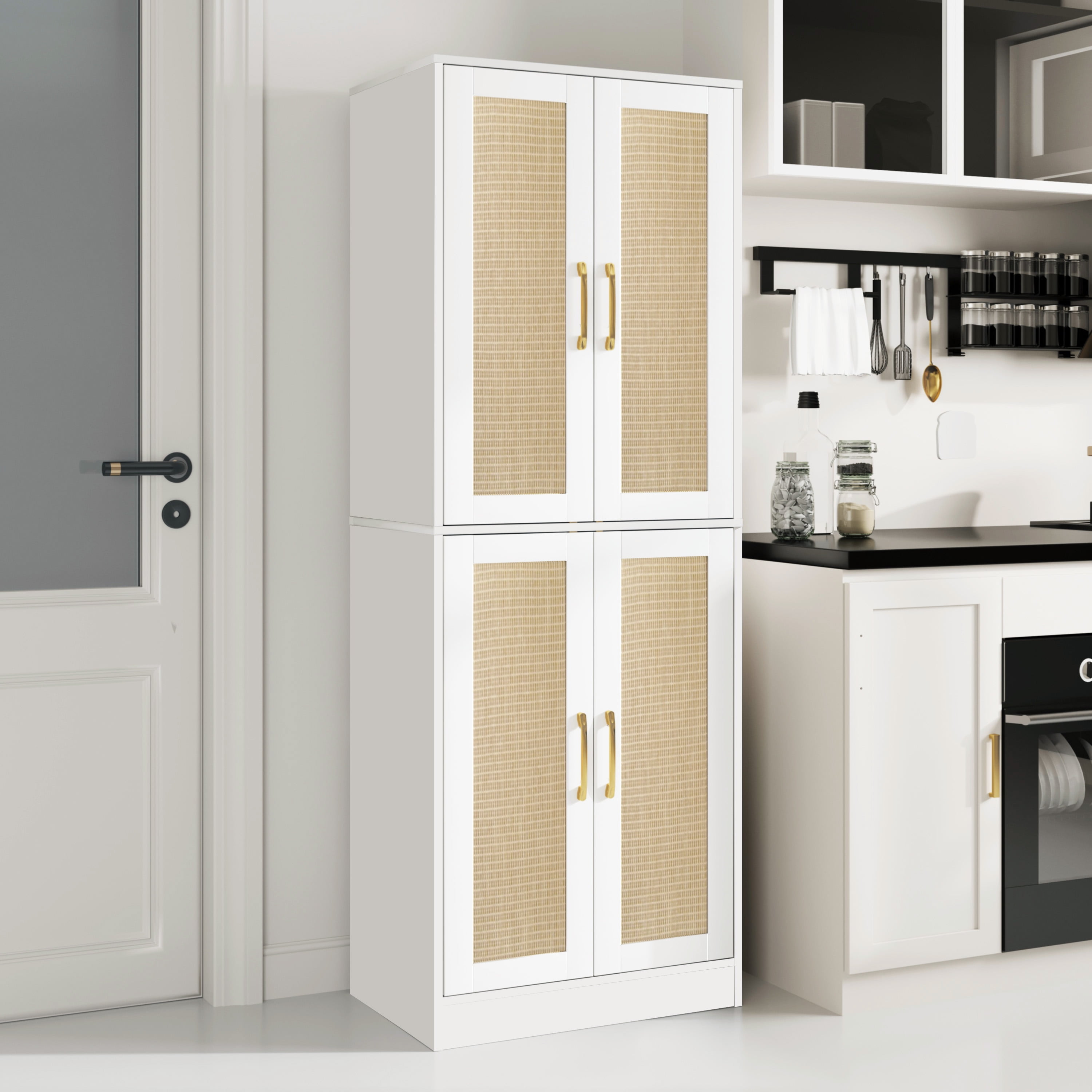BOCVKENN Storage Cabinet - Kitchen Pantry Cabinet, Tall Pantry Storage Cabinet Freestanding with 4 Rattan Doors and Adjustable Shelves, Cupboard Cabinet for Dining Living Room, Laundry, Bathroom