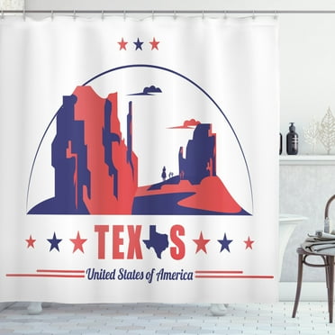 Texas Star Shower Curtain, Texas State Map with Cowboy Silhouette among Canyons Desert Design, Fabric Bathroom Set with Hooks, 69W X 70L Inches, Indigo and Dark Coral, by Ambesonne