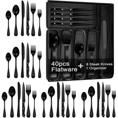 49-Piece Stainless Steel Flatware Set for 8 with Steak Knives and Organizer, Dishwasher Safe Cutlery Utensil Set