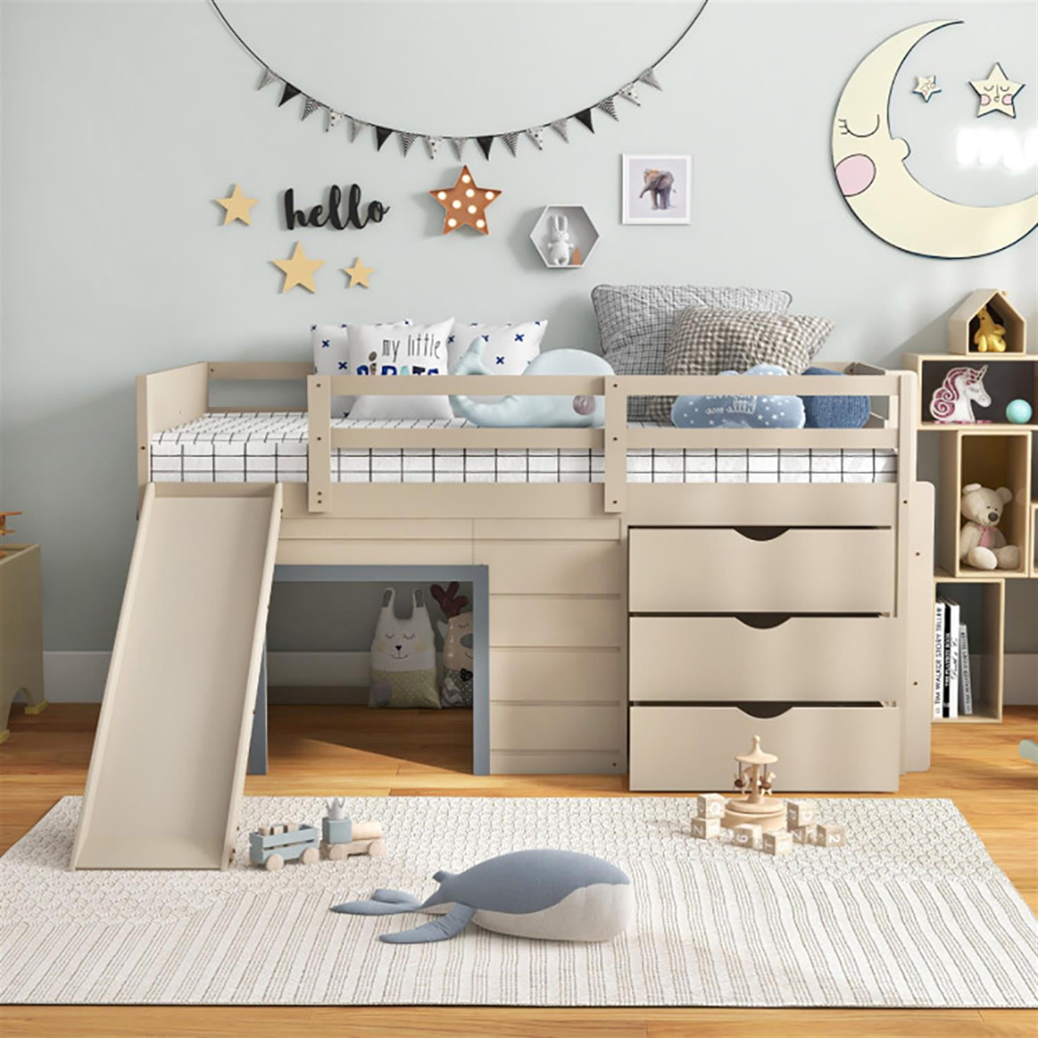 Demi Bonn 3-In-1 Twin Loft Bed with Slide Ladder Drawers Teens, Solid Wood Loft Bed with Ladder and Full-length Guardrails, Beige