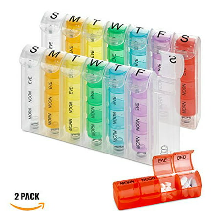 Weekly Pill Organizer - (Pack of 2) Pill Planners for Pills & Vitamins Each Day Week, Four Times-a-Day Medication Reminder, Easy to Read AM/PM Compartments Monday to Sunday for Travel & (Best Pill Reminder App)