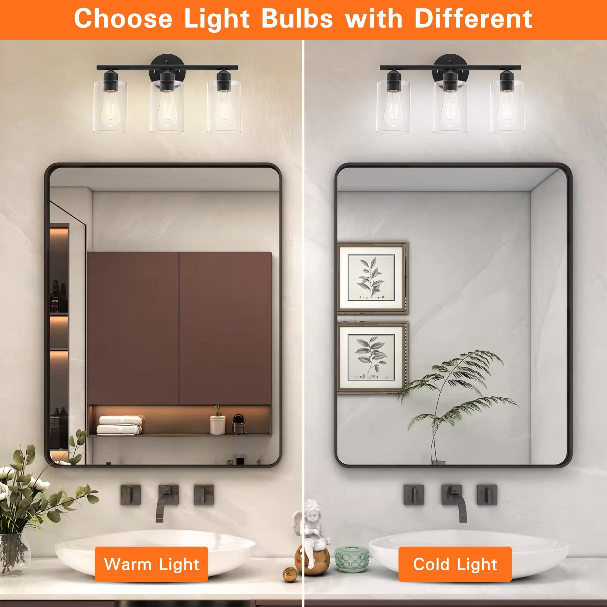 Modern 3 Lights Bathroom Vanity Light Bathroom Lighting Fixture Over Mirror Black Vanity Light,UL Certified Wall Sconces with Glass Shades-Black