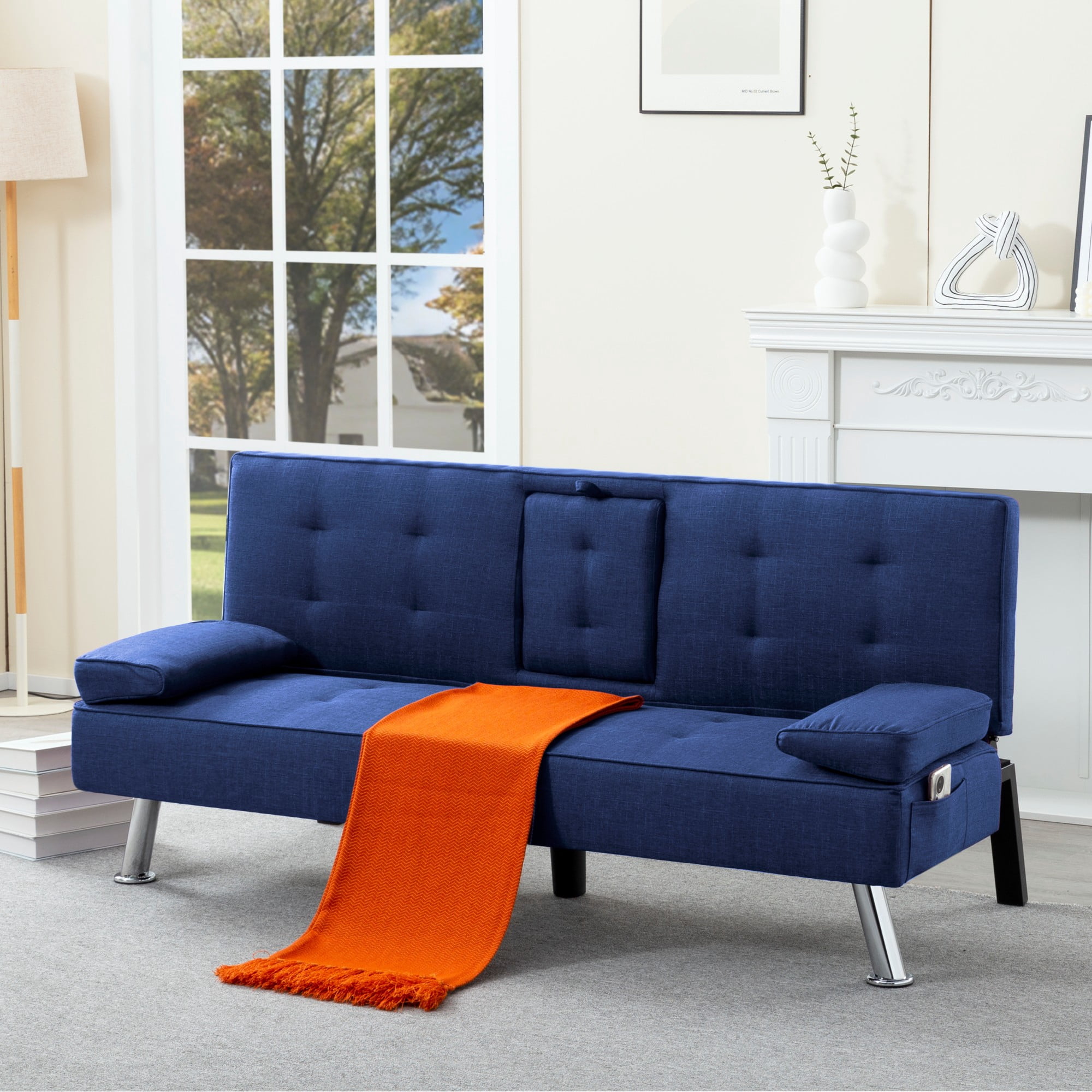 BSHTI 69.49" Fabric Convertible Futon Sofa Bed with Drop-Down Console, 2 Cup Holders, 5-Position Backrest, Side Pocket for Living Room（Navy Blue）