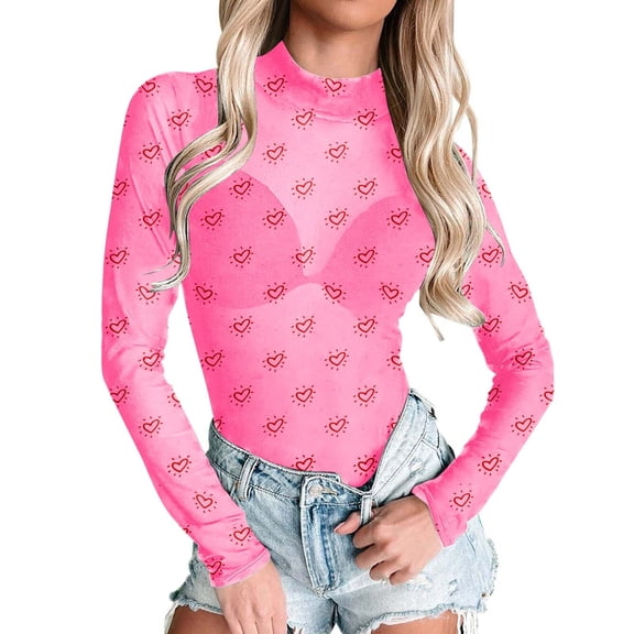 CAIXIA Valentines Day Women's Long Sleeve Love Print See Through Sheer Mesh Crop Top Tee T Shirts