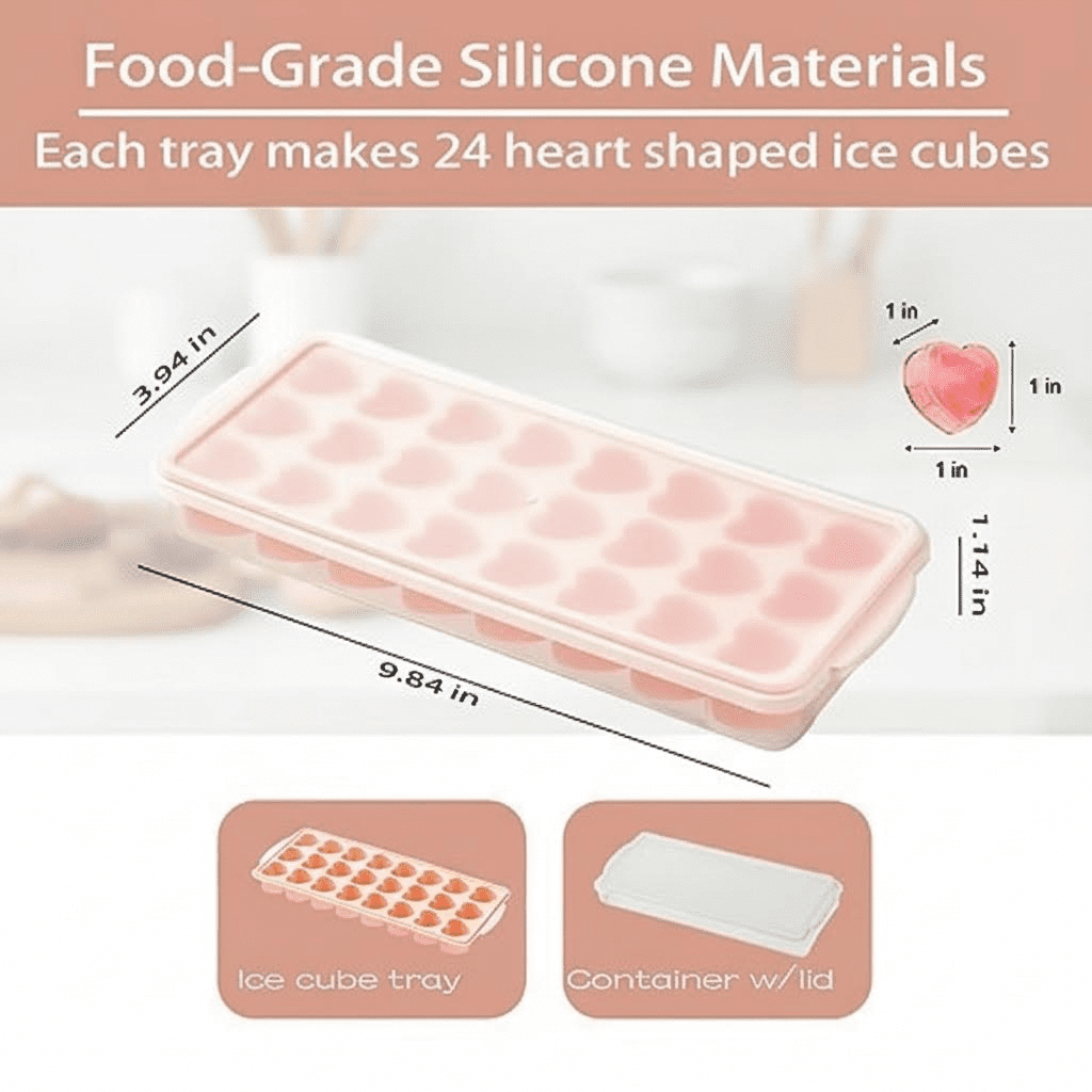 2-Pack Silicone Heart-Shaped Ice Cube Trays with Lid and Storage Bin, 48 Mini Heart Molds, BPA-Free, Dishwasher Safe, Easy Release for Fun Shaped Ice