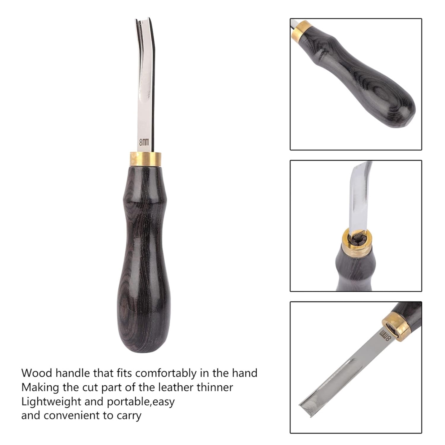 ABCISI Skiving Tool with Comfortable Wood Handle, Leathercraft Beveler Skiving DIY Craft Tool for Cutting Leather Edges Scraping Thickness Making Pull Link Heads (Black 8mm)