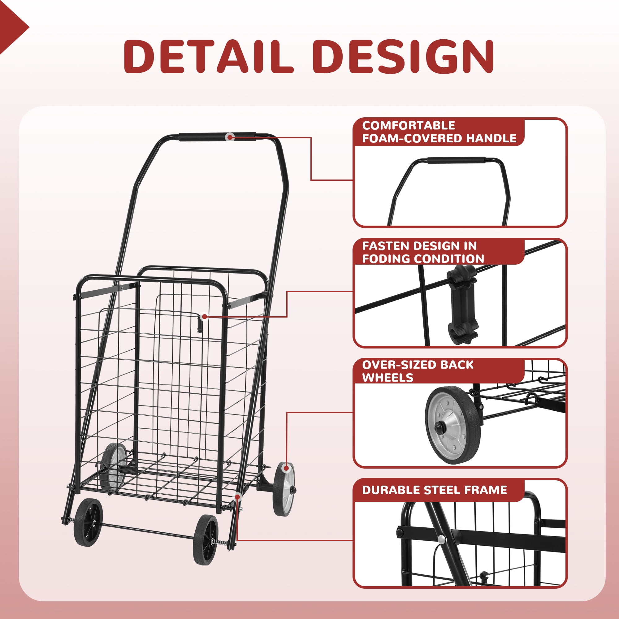 FlexWave Foldable Shopping Cart，Lightweight Utility Trolley，with Wheels， Easy to Assemble and Store, for Groceries, Laundry & Travel，Black