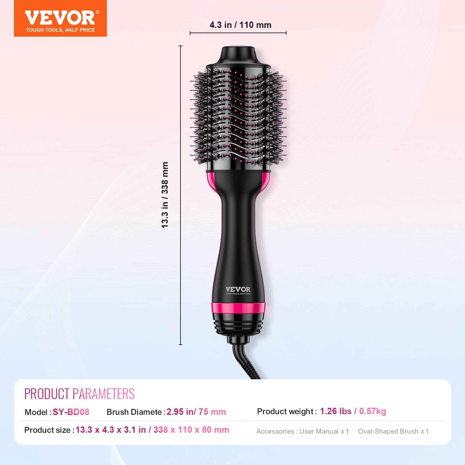 VEVOR Hair Blow Dryer Brush,4 in 1 Ionic Hair Styler and Volumizer with Electroplated Titanium & 2.95" Ceramic Coating Oval Barrel,Dual Voltage 110V/240V Hot Air Styling Brush for Salon Home Travel