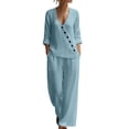 thumbnail image 3 of VBVC Women's Button 2 Piece Outfits Set,Long Sleeve Top and Wide Leg Pants For Women, Ladies' V-Neck Loungewear Tracksuit with Pockets,Light Blue,S-2XL, 3 of 6