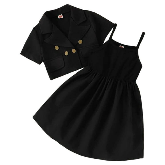 Otqutp Children Down Coats Summer Toddler Girls Short Sleeve Solid Colour Suit Jacket Suspender Dress Two Piece Outfits Set for Kids Clothes(Black,5-6 Years)