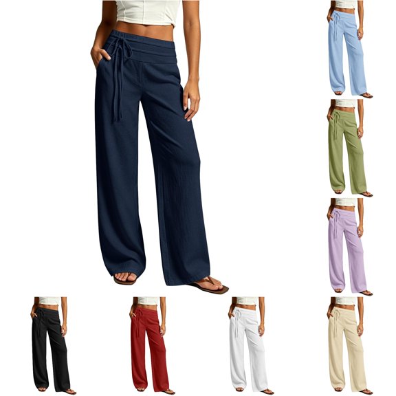 Tanghaowl Women's Pants, Elegant Pleated Wide Leg Tows Daytime Comfort Fit Women's Casual Bottoms For Everyday Wear With Elastic Waist And BreathableDesign Navy L