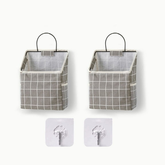 2 Pack Wall Hanging Storage Bags Closet Hanging Storage for Pocket Fabric Organizer Bags Hanging Baskets for Bedroom Bathroom Kitchen(Grey Plaid)