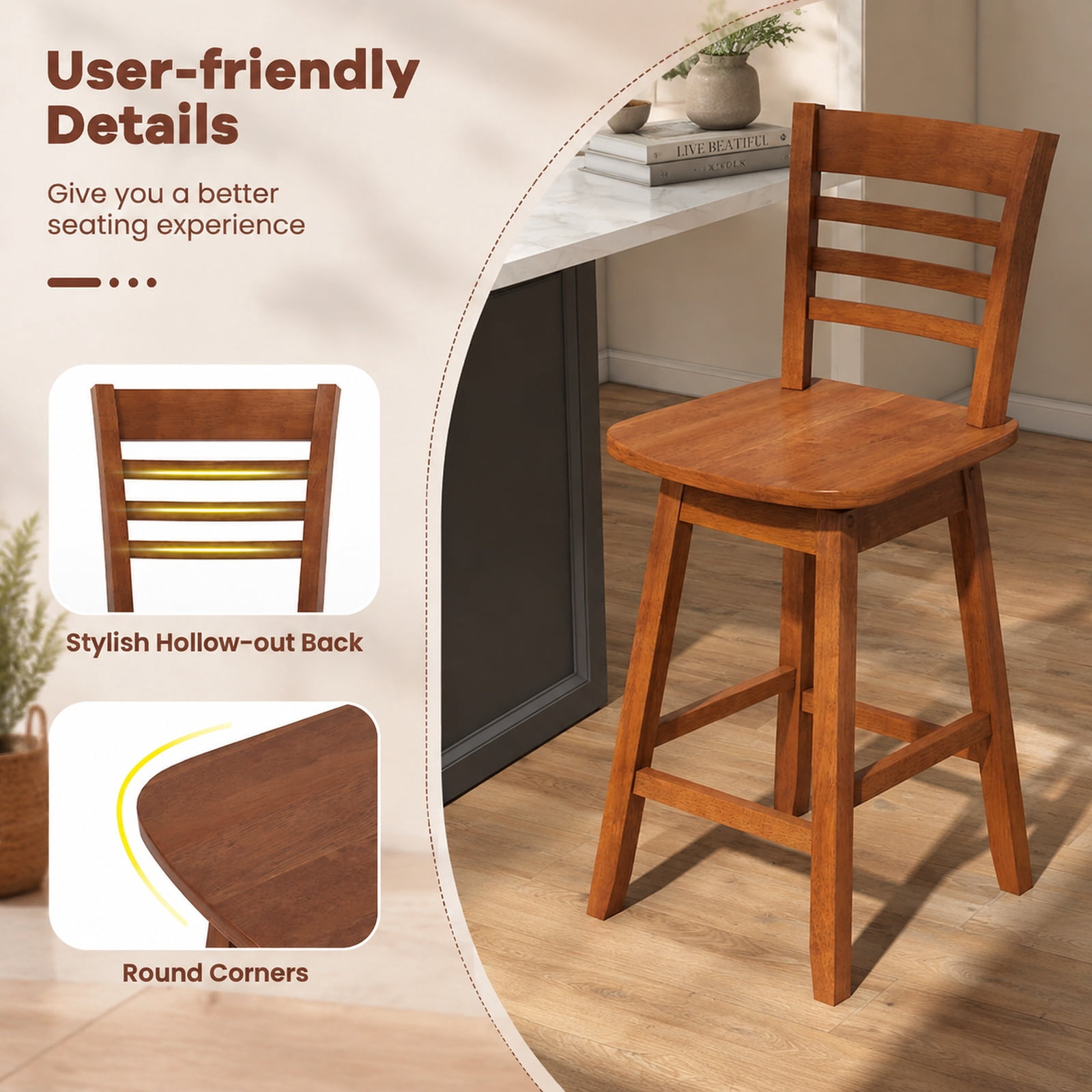 Furnibear Counter Height Barstools Set of 2 with Footrest for Kitchen Island Bar for Kitchen Island Counter Bar Pub Dining Home, Walnut