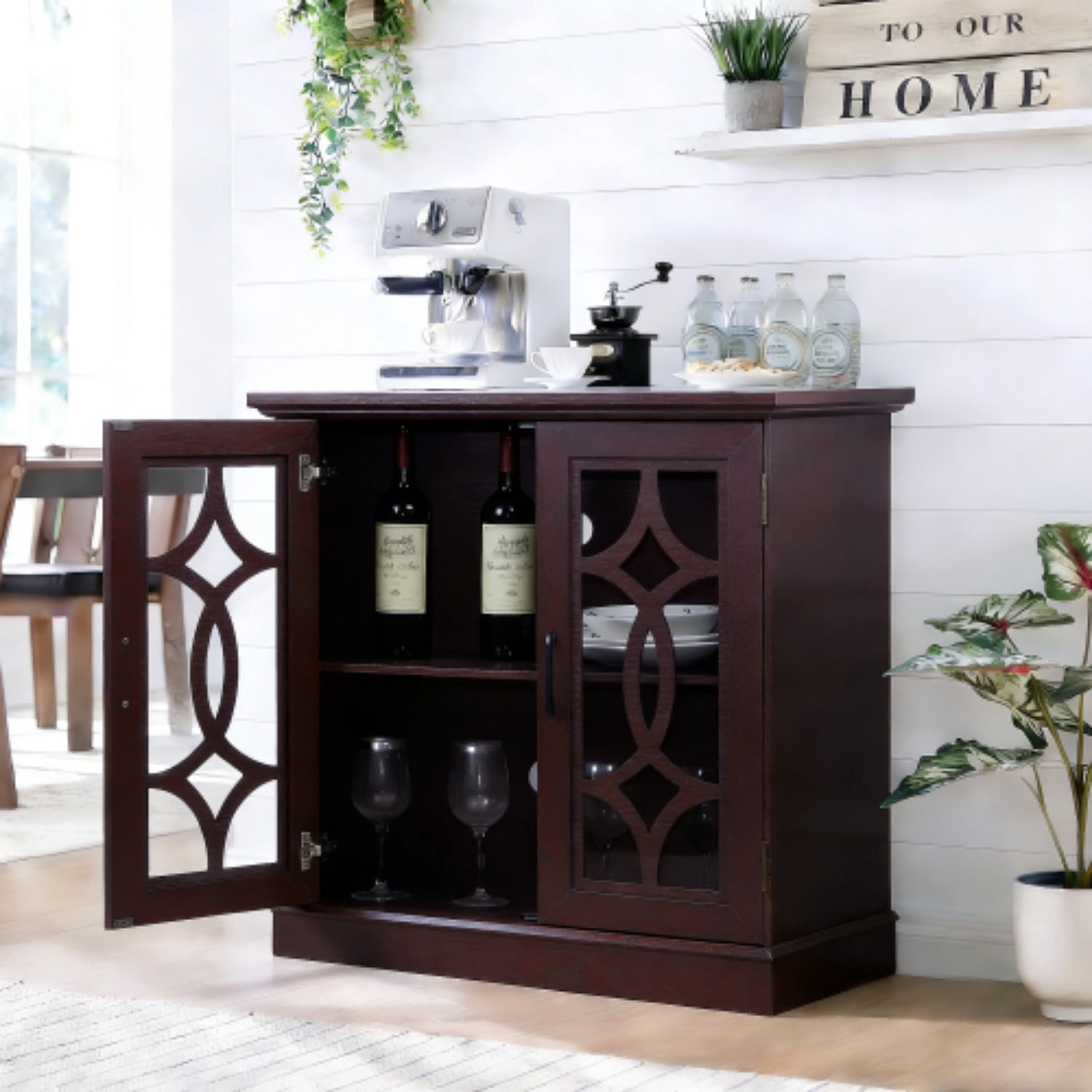 34.37" Modern Glass Door Sideboard Buffet Cabinet, MDF Storage Credenza with Adjustable Shelf, Tempered Glass Display Cabinet for Dining Living Room Kitchen, Ox Blood Red