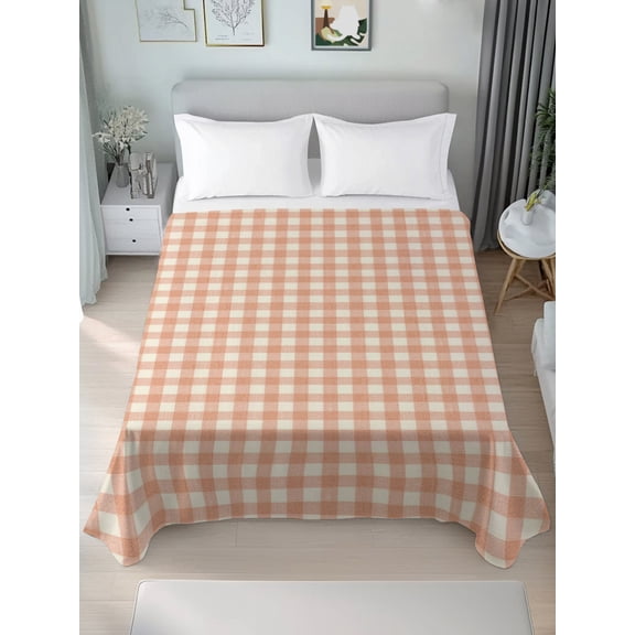 Queen Flat Sheet Only Minimalist Pink Beige Gingham Soft Microfiber Cooling Bedding Sheets Rustic Buffalo Check Flat Bed Sheet for Hotel,Home Decor