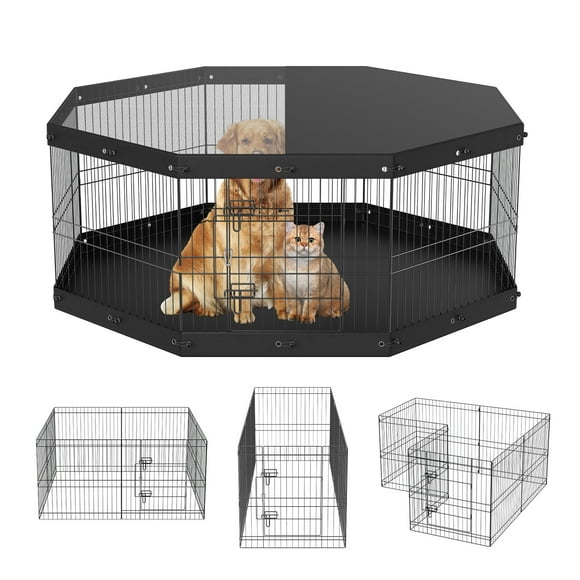 VEVOR 8 Panels Foldable Metal Dog Exercise Pen with Top Cover and Bottom Pad, 24" H Pet Fence Puppy Crate Kennel