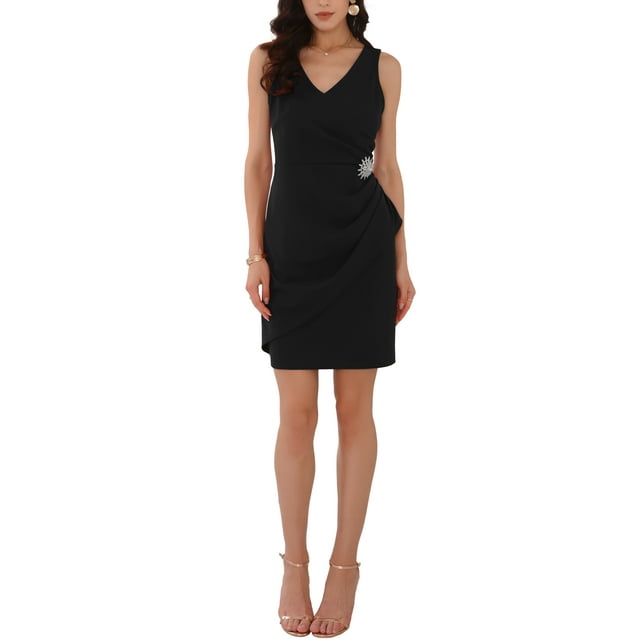 INSPIRE CHIC Vestido de cóctel sin mangas con escote en V y fruncido, negro, talla L