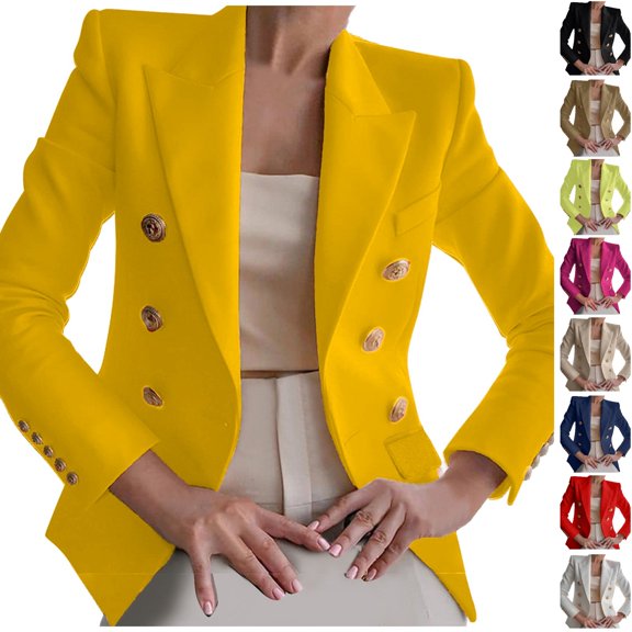 Dezsed Suit Jacket for Women Casual Blazer Jacket Gold Buttons Long Sleeve Solid Office Coat Cardigans Suit Lapel Open Front Jacket Outwear Yellow L